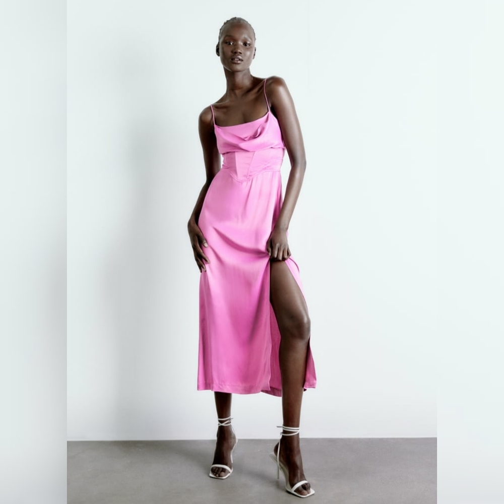 ZARA PINK STRAIGHT NECK SATIN EFFECT MIDI DRESS Size M